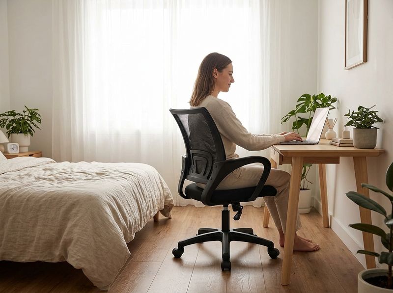 Home office desk with black mesh ergonomic chair pulled up to a laptop, lumbar panel visible through the weave