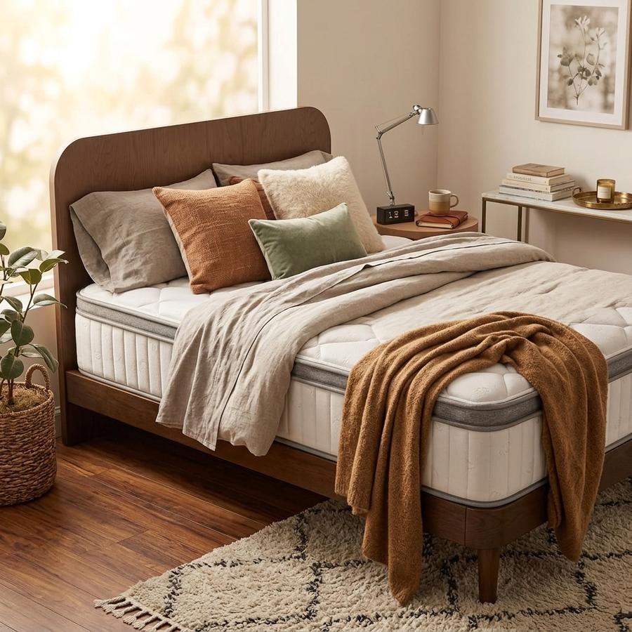 Hybrid mattress in a box on a bedroom floor