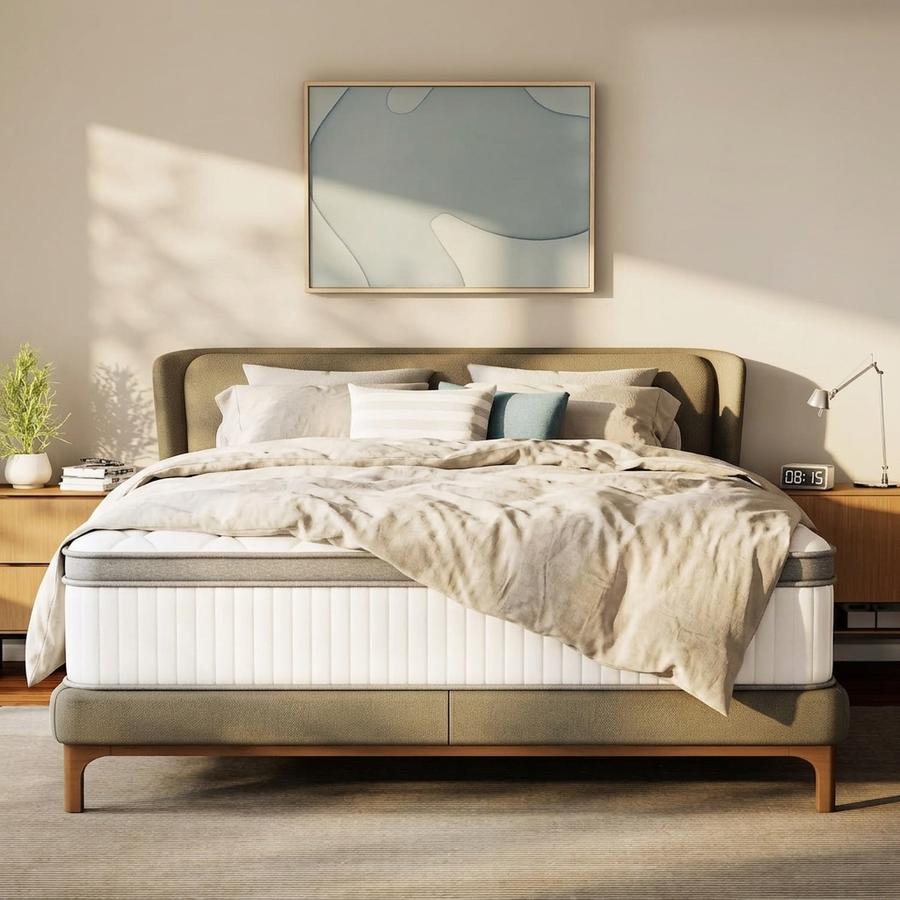 Person in robe perched on King-size mattress edge pulling on a leather boot, perimeter stays level and firm